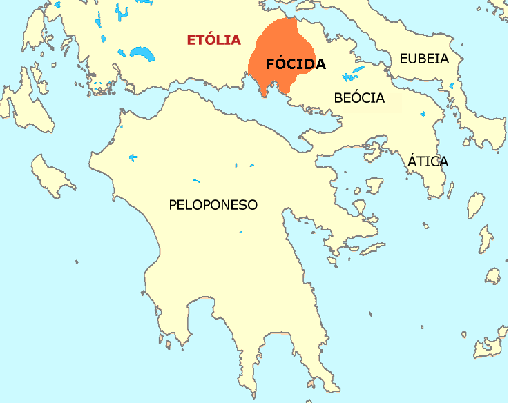 Mapa das ilhas gregas: Peloponeso, beócia, ática, eubeia. Fócida em destaque. 