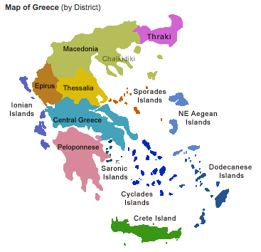 Mapa das ilhas gregas: Pelonopeso, Grécia central, Creta, Ilhas sarônicas. 